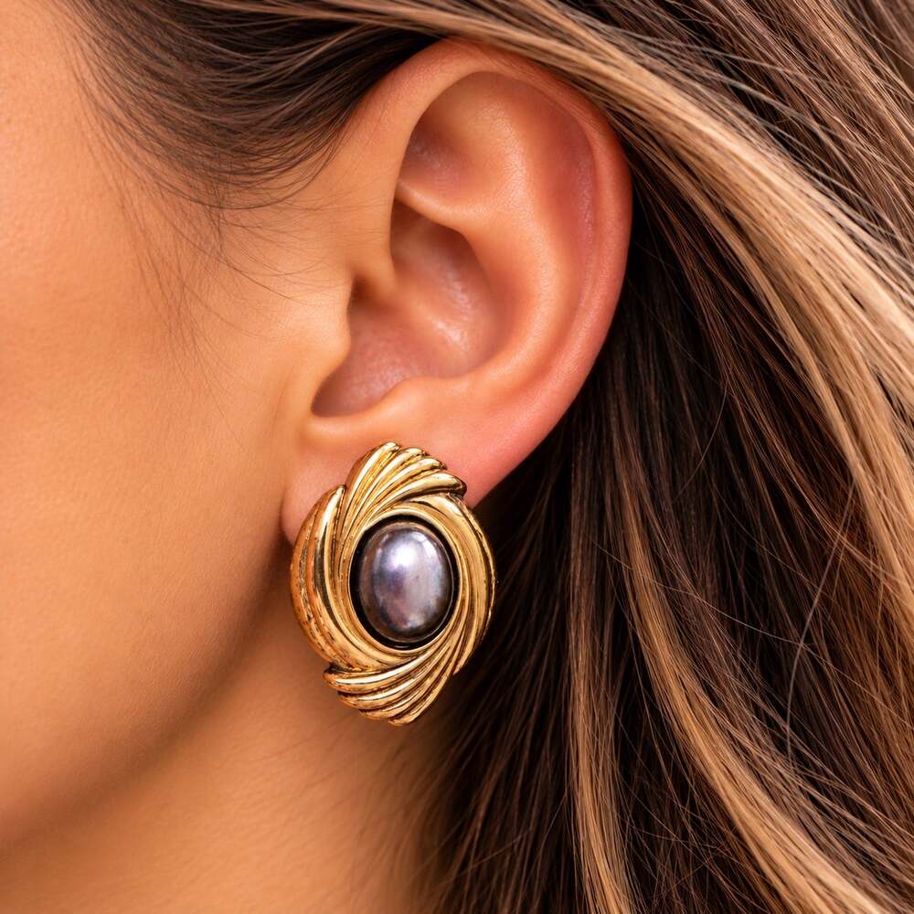 Vtg 80s Gold Tone Swirl Statement Earrings Black Faux Pearl Oval Cabochon